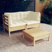 3 Piece Garden Lounge Set with Cream Cushions Pinewood