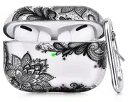 Apple Airpod Pro Case - Cute Flowers & Boho Floral Design Protective Shockproof Clear Silicone Cover With Clip Keychain - Supports Wireless Qi Charging for Airpods Pro Generation 1 - Black Mandala