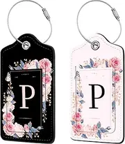 [Anikathy] 2 Pcs PU Leather Luggage Tag for Suitcases with Privacy Shield and Name ID Tag Address Card Travel Cruise Luggage Tag, Suitable for Men and Women Baggage Handbag Backpack,Flower and Monogram(Letter P