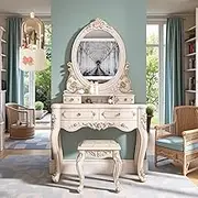 European Style Dressing Table with 2 Drawers, Vanity Desk with Mirror and Light, Pack of Makeup Brush Bucket, Gift for Girls(80cm)