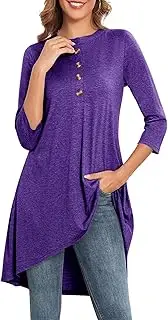 [Naggoo] Women's 3/4 Sleeve Loose Fit High Low Tunic Tops S-3XL Brown