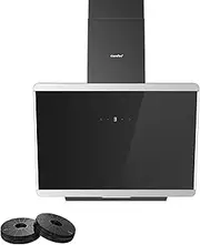 COMFEE' 60cm Angled Cooker Hood Class A+ ANGJ64B-60-PRO Tempered Glass Extractor Hood with Touch Screen, LED and Recirculating & Ducting System Wall Mounted Extractor Fan kitchen, Black