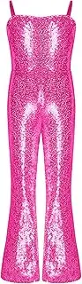 [TiaoBug] Girls 70s Hippe Disco Costume Sparkly Seuqins Jumpsuit Halloween Dance Party Dress Up