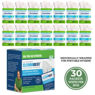 30/Box Cleanadent Denture & Gum Cleansing Wipes, Denture Adhesive Remover Wipes