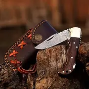 Handmade Damascus Folding Knife Back lock knife Damascus Hunting Knife with Sheath Damascus Pocket Knife Brown Wood Prime Quality camping Knife