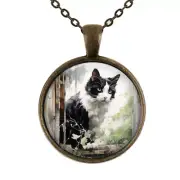 Black & White Tuxedo Kitty Cat Pendant Necklace Cat Mom Cat Lover Gift 24" Chain