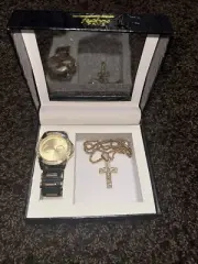 Techno Pave Watch And Necklace Stainless Steel And Water Resistant, New In Box