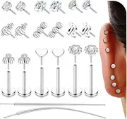 [JeweBella] 20G 18G 16G Helix Piercing Jewellery Threadless Nose Stud Surgical Steel Push in Flat Back Earrings Lip Labret Nose Studs Lip Labret Conch Medusa Tragus Piercing Jewelry Silver Gold
