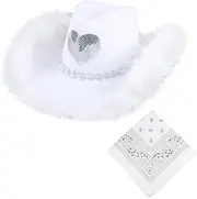 [SIGONE] White Cowboy Hat with Feathers Heart Design for Women and Men Perfect for Bachelorette Parties
