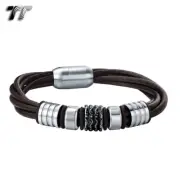 TT Brown Leather 316L Stainless Steel Bead Magnet Buckle Bangle (BR111H)