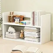 Hbluefat Desktop Organizer Shelf, Small Wood Desk Bookshelf, Tabletop Bookcase Display Storage Rack for Home Office Kitchen (2- Tier,White)