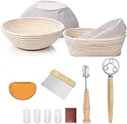 Sourdough Starter Kit, Sourdough Bread Baking Supplies, Banneton Bread Proofing Basket Set Of 2 Round and Oval, Dough Whisk, Scoring Tool, Metal Scraper, Silicone Scraper, Premium Baking Tools