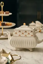 NEW ANTHROPOLOGIE X THE MET TEAPOT COFFEE 2 PIECE SET CLASSIC GILDED STONEWARE