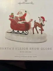 SOLD OUT 2024 Hallmark Santa’s Sleigh Snow Globe Sound Musical Retro Reindeer