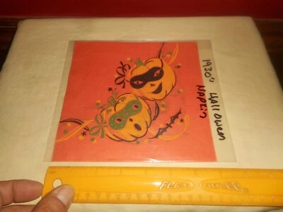 Vintage HALLOWEEN PUMPKINS MASQUERADE PARTY Black Bat Crepe Paper Napkin c.1930s