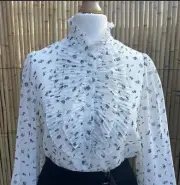 Zara New Basic White Black Pattern Sheer Long sleeve Pleated Neck blouse Size XS