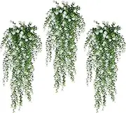 3Pcs Artificial Fake Hanging Plants Simulated Faux Fern Outdoor UV Resistant Plastic Greenery Flowers Plant Vine For Decorations Home Room Wall Garden Courtyard Wedding Party Balcony Decor(White)