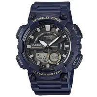 在飛比找松果購物優惠-【CASIO】10年電力輪轉立體時刻造型雙顯錶-藍 (AEQ