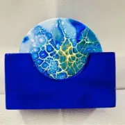 Unique, 1-of-a-kind 6 pc coaster set blues w gold accents & holder WOOD beachy!