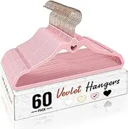 Pink Velvet Hangers 60 Pack, Non Slip Flocked Felt Hangers, Sturdy Velvet Clothes Hanger, Cute Heart Heavy Duty Coat Hanger, Ultra Slim Pink for Closet Space Saving