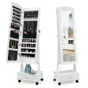 Costway Rolling Mirror Jewellery Cabinet Makeup Jewelry Storage Organizer Box Mobile Full Length w/LED Drawers White