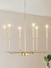 WayLuoung Golden Chandelier Lights, Ceiling 6 Lights, Hanging Modern Farmhouse Chandelier for Dining Room, Candle, Golden Pendant Light for Kitchen Island, Living Room, Foyer, Bedroom