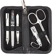 3 Swords Germany - brand quality 5 piece manicure pedicure grooming kit set for professional finger & toe nail care scissors clipper genuine leather black case in gift box, Made in Germany
