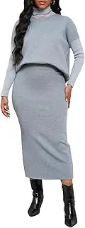 [VERWIN] Women 2 Piece Sweater Set Knit Turtle Neck Long Sleeve Bodycon Pullover Skirt Suit Crop Top and Dress Outfits