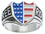 USA Flag Shield Ride Free mens Biker Enamel ring 316 Stainless Steel size 11 T54