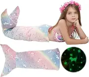 Kids Mermaid Tail Blanket, Soft Flannel Fleece Glow in The Dark Blanket, Girls Mermaid Toys, Colorful Snuggle Blanket Sofa Blanket Mermaid Sleeping Bag with Double Stitching for Girls 3 to 6 Years (B)