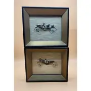Handmade Counted Cross Stitch Old Time Vintage Cars Framed Wall Art Set of 2