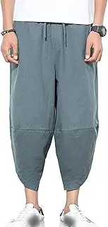 [Maiyifu-GJ] Men's Linen Harem Capri Pants Elastic Waist Drawstring Yoga Beach Pants Casual Loose Fit Wide Leg 3/4 Trousers
