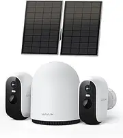 WUUK 2K Solar Security Cameras Wireless Outdoor, Homebase Support Up to 8 Cams, 2 Cams Kit with Forever Power, No Monthly Fee, 32GB Local Storage, Compatible for Alexa, 2.4G & 5G WiFi
