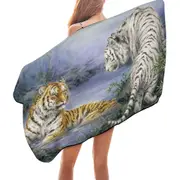 Wild Animal Art Orange and White Tigers Encounter Microfiber Beach Towel
