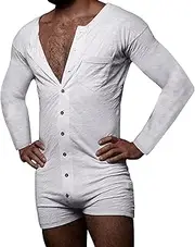 [Panegy] Men's Long Sleeve Short Jumpsuit Pajama One Piece Button Down Henley Sleepshirt Rompers