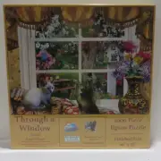 Sunsout 1000 Piece Puzzle THROUGH A WINDOW by Lori Schory Kittens Wildlife Birds