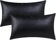 Brawarm Pack of 2 Black Leather Throw Pillows 12 X 20 Inches, Black Faux Leather Decorative Throw Pillow Covers for Living Room Home Decor Garden Couch Bed Sofa