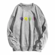 Nevenka Womens Smiley Face Sweatshirts Crewneck Loose Pullover-Grey