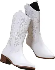 [Hcclijo] Winter White Mid Calf Boots Retro Cowboy Boots Women Fall Pointy Toe Embroidery Cowgirl Booties Shoes