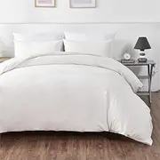 4PCS Quilt/Duvet Cover Flat Sheet Pillowcase Bedding Set Ultra Soft 100% Washed Cloth Cotton (White, Queen)