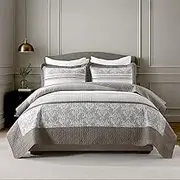 KALOOLA 100% Cotton Quilt King Size - Lightweight Quilted Bedding Set 3 Pcs, Farmhouse Printed Striped Bedspread with 2 Pillow Shams, Modern Bed Coverlet for All Season, Dark Brown/Charcoal/Beige