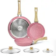 Nonstick Frying Pan Set with Lid, 8" 9.5" and 11" Non stick Frying Pan Set, Pink Pan Frying Pan Skillet Set Omelette Pan Healthy Stone Cookware, PFOA Free, Anti-Warp Base with All Stove Tops Available