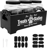 Dog Treat Container with 3 Plastic Treat Jars Wood Dog Food Container with Handles Dog Food Storage Container Decorative Cat Food Container for Dog Food Storage (Black)