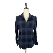 VINCE Women's Blue Plaid Heathered Button-Up Long Sleeve Top Size XS A5