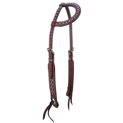 Western Tan Leather One Ear Spot and Stone Studded Headstall with Ties