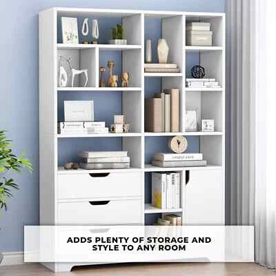 1.8m Wooden Home Office Bookcase Shelves Shelf Display 3 Drawers Storage Stand