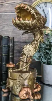 Geared Clockwork Vintage Steampunk Cyborg Venus Flytrap Plant In Pot Figurine