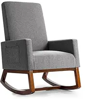 Giantex Modern Rocking Chair, Upholstered Fabric Armchair with Rubber Wood Base, Linen Padded Seat, High Back, Side Pocket, Accent Glider Rocker Chair, Mid-Century Leisure Chair (Grey)