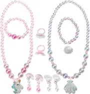[MOKKHNB] Girl Necklace Set Beaded Necklace Bracelet Ring Earrings Set Unicorn Shell Jewelry Birthday for Girls