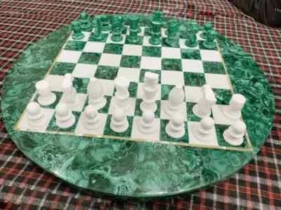 Stone Chess Table Top Round Malachite, Real Malachite Stone, With Pieces Chess